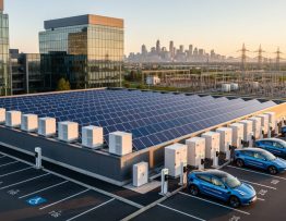 Elevated view of a business rooftop with rows of solar panels next to white battery storage cabinets, overlooking EV chargers with plugged-in vehicles, city skyline and a substation in the distance at golden hour.