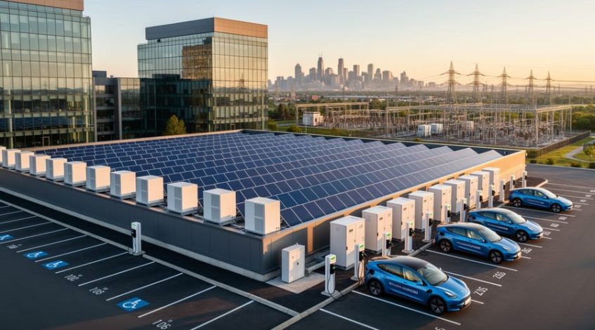 Elevated view of a business rooftop with rows of solar panels next to white battery storage cabinets, overlooking EV chargers with plugged-in vehicles, city skyline and a substation in the distance at golden hour.