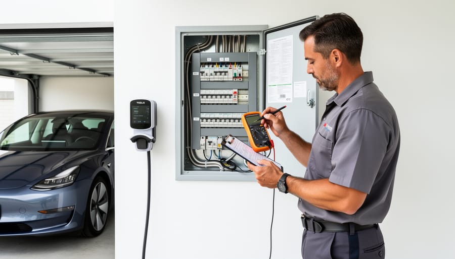 Electrician inspecting residential electrical panel for EV charging installation requirements