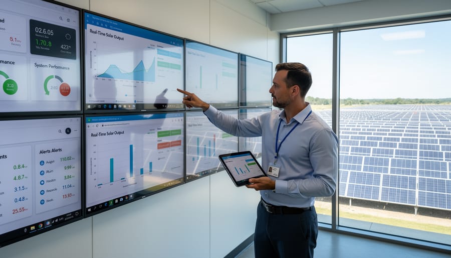 Facility manager reviewing solar energy monitoring data on tablet in industrial setting