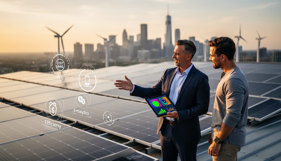 Facility manager reviewing energy monitoring data near commercial solar installation