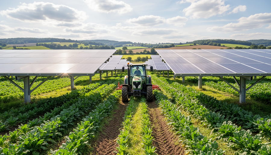 Farm tractor operating beneath elevated solar panel installation on commercial farm