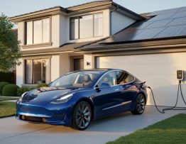 Electric car plugged into a wall-mounted Level 2 charger in a suburban driveway, with rooftop solar panels on the house at golden hour.