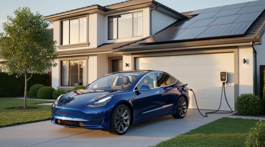 Electric car plugged into a wall-mounted Level 2 charger in a suburban driveway, with rooftop solar panels on the house at golden hour.