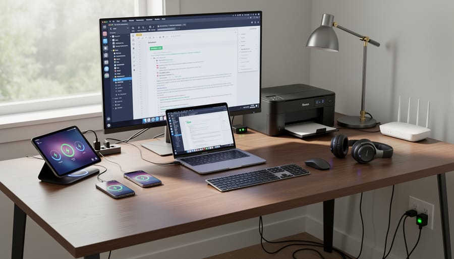 Home office desk with laptop, monitors, and various electronic devices in use
