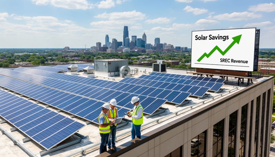 Commercial building rooftop solar panel array installation in Illinois