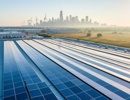 Industrial warehouse roof densely covered with blue solar panels in warm morning light, with a distant Chicago skyline and a few wind turbines on the horizon