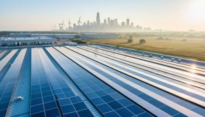 Industrial warehouse roof densely covered with blue solar panels in warm morning light, with a distant Chicago skyline and a few wind turbines on the horizon