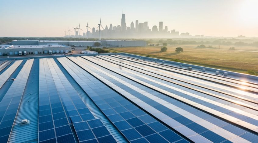 Industrial warehouse roof densely covered with blue solar panels in warm morning light, with a distant Chicago skyline and a few wind turbines on the horizon