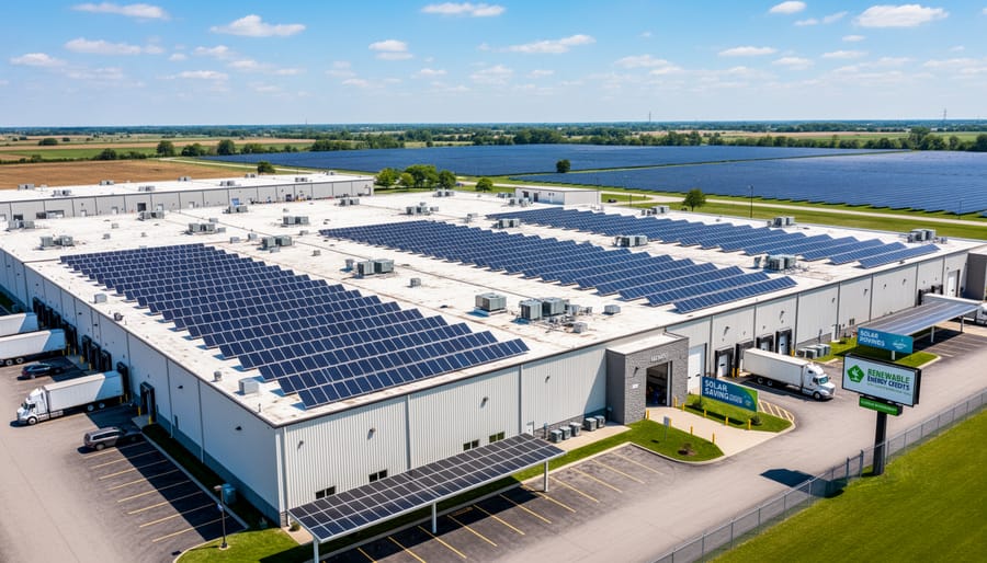 Industrial manufacturing facility with extensive rooftop and ground-mounted solar installation