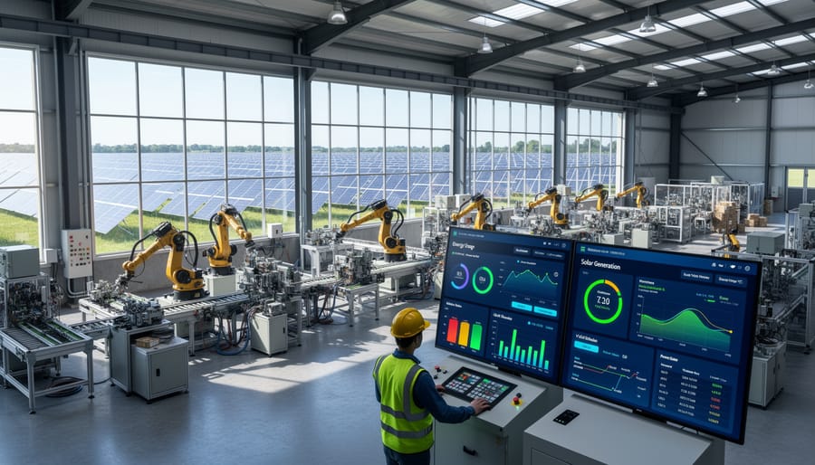 Industrial manufacturing facility with solar panels visible through windows