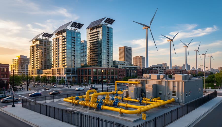 Modern natural gas power facility with industrial piping and urban infrastructure