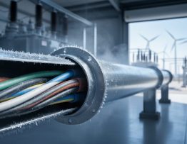 Close-up of a frost-rimmed stainless-steel conduit housing a superconducting power cable, wisps of liquid nitrogen vapor visible, with blurred transformers, busbars, and distant wind turbines in the background under cool blue-gray lighting.