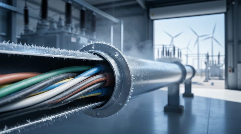 Close-up of a frost-rimmed stainless-steel conduit housing a superconducting power cable, wisps of liquid nitrogen vapor visible, with blurred transformers, busbars, and distant wind turbines in the background under cool blue-gray lighting.