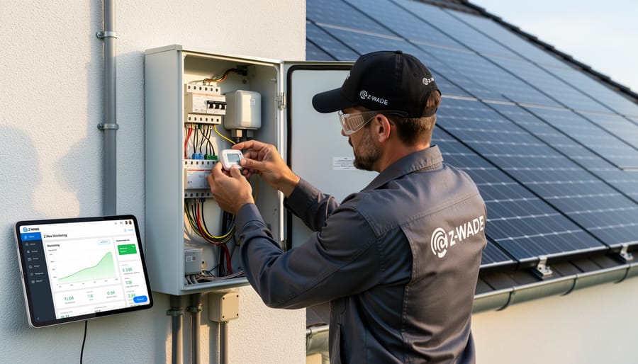 Technician installing Z-Wave monitoring sensor on solar inverter equipment