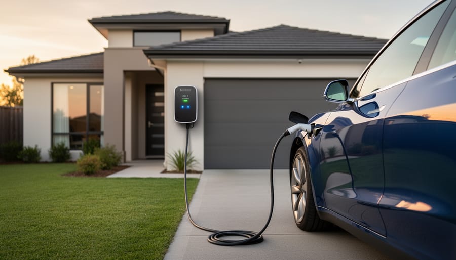 Level 2 electric vehicle charging station mounted on residential garage wall with car connected