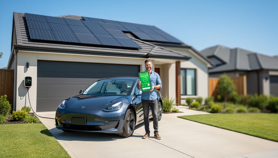 Homeowners standing with electric vehicle in garage equipped with solar panels and charging station