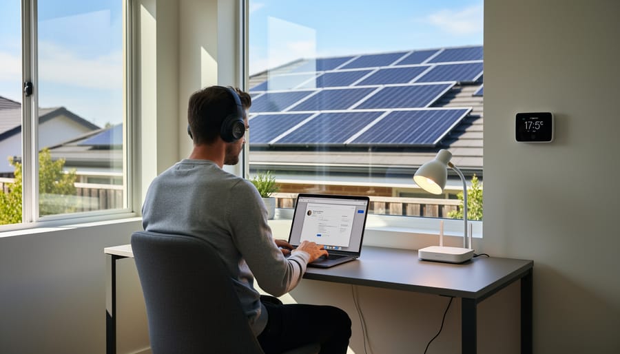 Solar panels installed on residential home rooftop under sunny skies