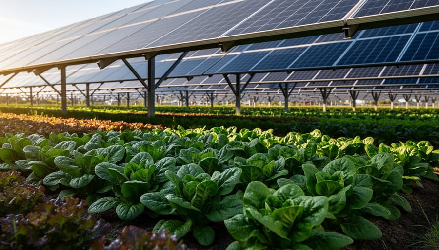 Leafy green vegetables growing beneath solar panel array showing crop-solar integration
