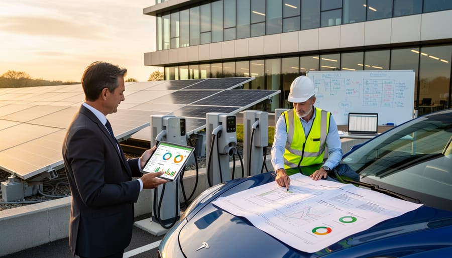 Business professional reviewing financial documents at solar-powered EV charging facility