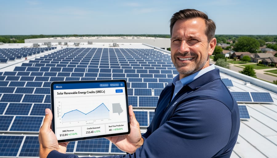 Business owner monitoring solar energy production and SREC generation on mobile device