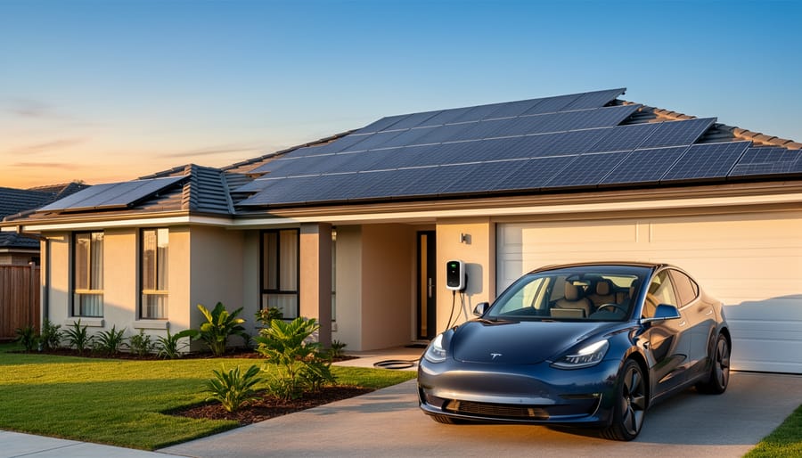 Aerial view of residential home with solar panel array on roof and electric vehicle in driveway