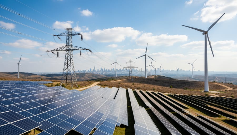Solar farm with high-capacity transmission cables connecting renewable energy to the grid