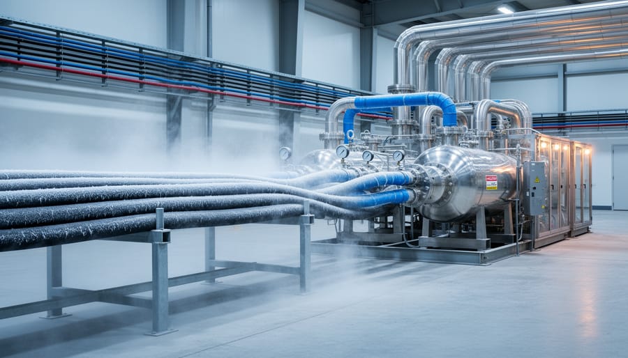 Superconducting power cable surrounded by liquid nitrogen cooling vapor in laboratory