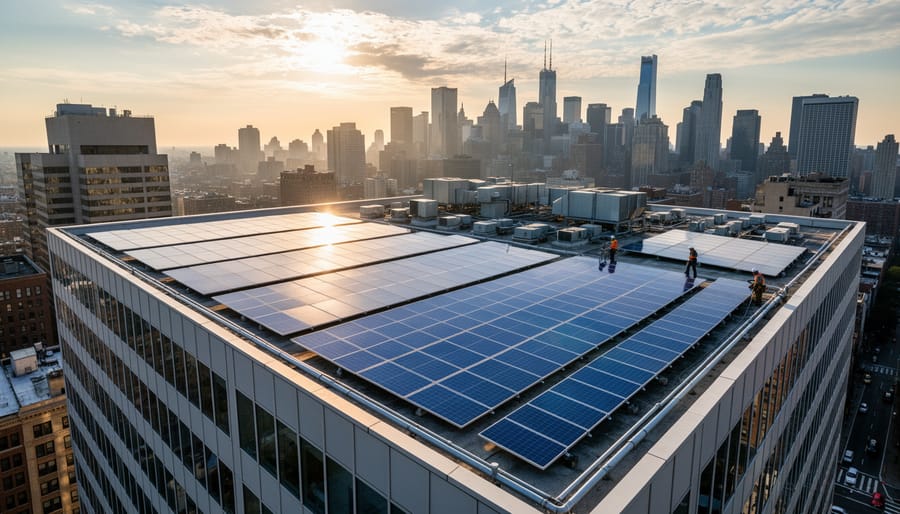 Modern commercial building rooftop with solar panel installation in urban environment