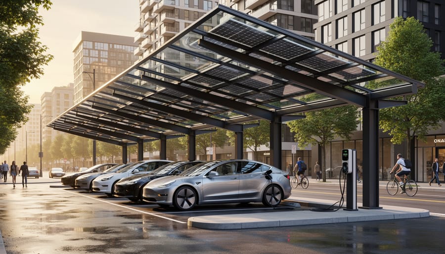 Urban parking structure with solar panel canopy covering electric vehicle charging stations