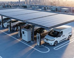 Urban rooftop parking lot with solar panel canopies and multiple electric vehicles charging at pedestal stations beside a compact transformer/power cabinet, warm late-afternoon light, subtle rooftop HVAC units, and a blurred city skyline in the background.