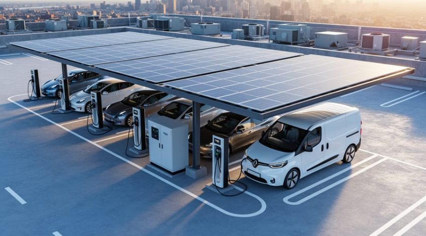 Urban rooftop parking lot with solar panel canopies and multiple electric vehicles charging at pedestal stations beside a compact transformer/power cabinet, warm late-afternoon light, subtle rooftop HVAC units, and a blurred city skyline in the background.