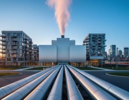 Eye-level wide shot of a sleek waste-to-energy plant at dusk with insulated district-heating pipes in the foreground leading toward softly blurred city high-rises, warm golden-hour side light, cool blue structures, and a clean white steam plume.