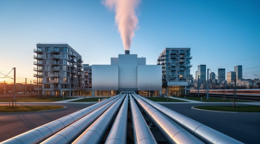 Eye-level wide shot of a sleek waste-to-energy plant at dusk with insulated district-heating pipes in the foreground leading toward softly blurred city high-rises, warm golden-hour side light, cool blue structures, and a clean white steam plume.