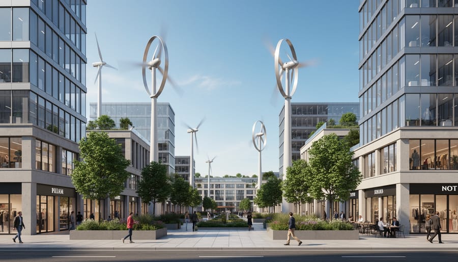Vertical axis wind turbine on urban building rooftop with city skyline
