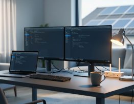 Daytime home office desk with dual monitors (screens dimmed), laptop, desk lamp, unbranded Wi-Fi router, and power strip with cables, lit by soft side daylight, with a blurred living area and window showing rooftop solar panels.