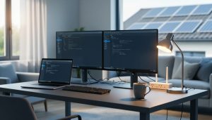 Daytime home office desk with dual monitors (screens dimmed), laptop, desk lamp, unbranded Wi-Fi router, and power strip with cables, lit by soft side daylight, with a blurred living area and window showing rooftop solar panels.