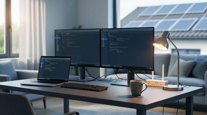 Daytime home office desk with dual monitors (screens dimmed), laptop, desk lamp, unbranded Wi-Fi router, and power strip with cables, lit by soft side daylight, with a blurred living area and window showing rooftop solar panels.