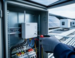 Gloved technician connecting current transformers to an industrial electrical panel housing a compact Z-Wave energy monitoring module, with blurred rooftop solar panels, inverters, and metal conduits in the background.