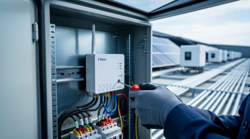 Gloved technician connecting current transformers to an industrial electrical panel housing a compact Z-Wave energy monitoring module, with blurred rooftop solar panels, inverters, and metal conduits in the background.