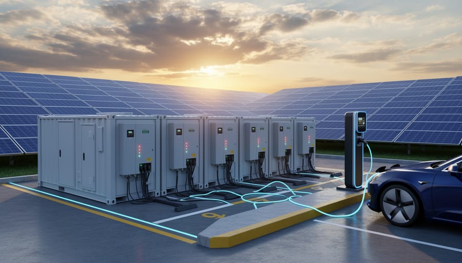 Battery energy storage cabinet in a clean industrial facility with technicians nearby in the background.
