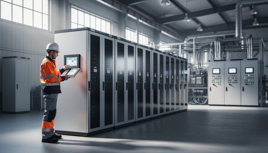 Battery energy storage unit installed beside a solar array at an industrial facility