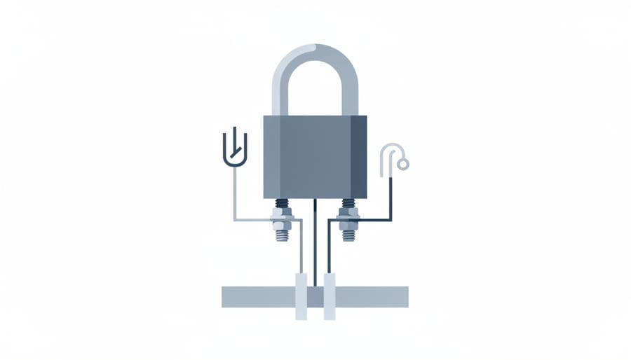 Close-up of a padlock near copper grounding cables at a solar substation