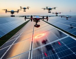 Inspection drones hovering above solar panels in a solar farm at dusk, implying thermal scanning for early fault detection.