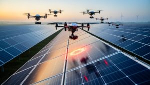 Inspection drones hovering above solar panels in a solar farm at dusk, implying thermal scanning for early fault detection.