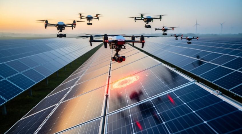 Inspection drones hovering above solar panels in a solar farm at dusk, implying thermal scanning for early fault detection.