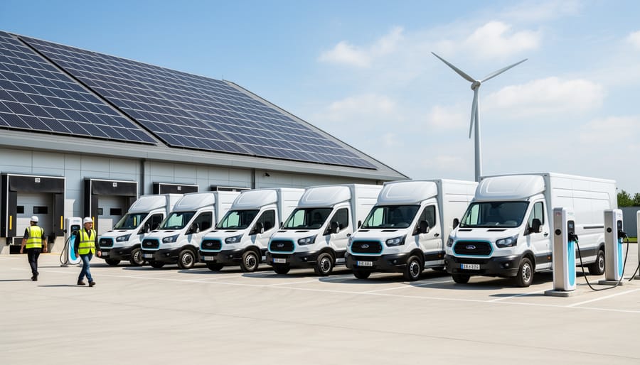 Electric delivery van at an industrial loading dock near charging equipment during golden hour.