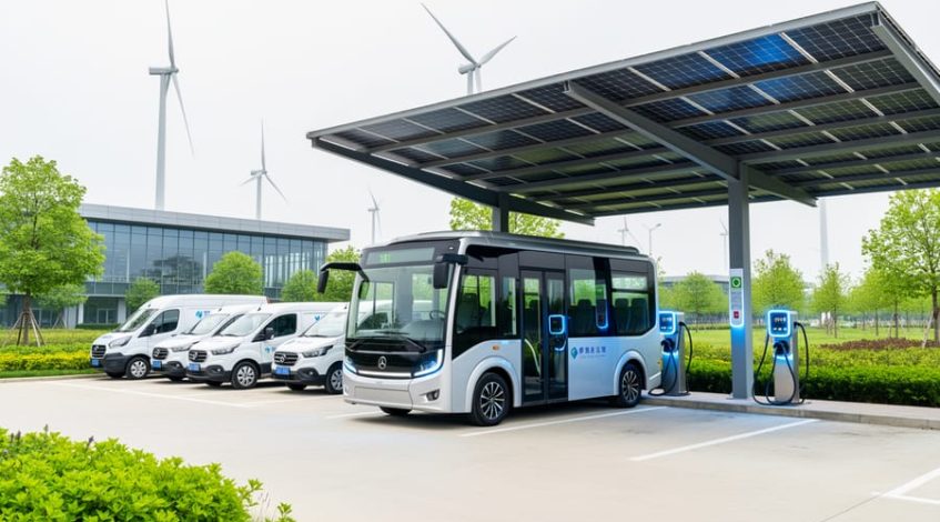 Electric shuttle bus and delivery vans charging at a renewable-powered depot with solar panels overhead and a clean modern facility in the background.