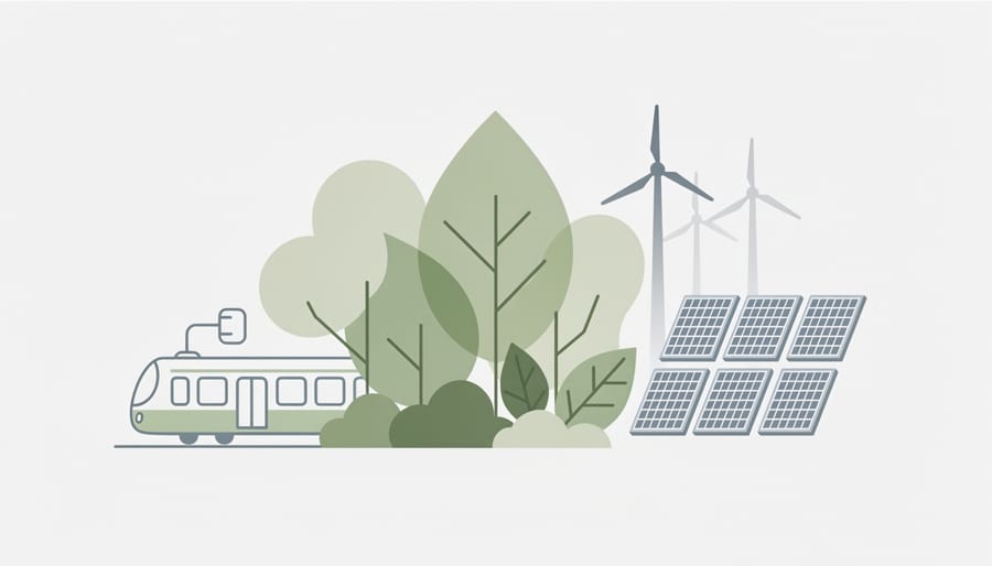 Green plants growing near a ground-mounted solar array with a blurred industrial track in the background.