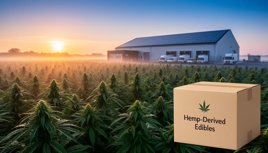 Hemp plants in the foreground with a softly blurred industrial facility silhouette in the distance at sunrise